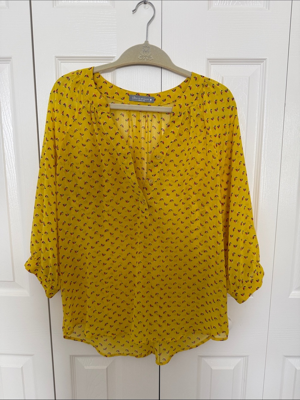 Olivia Moon Mustard Yellow Printed V-Neck Roll-Tab Blouse